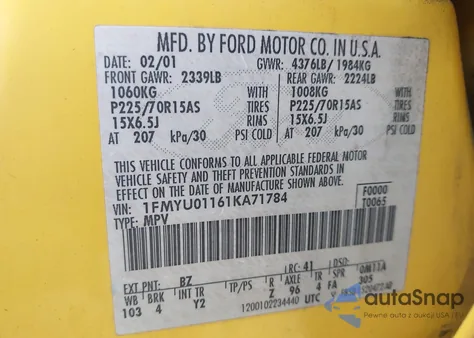 2001 Ford Escape Xls z USA, uszkodzony, nr VIN 1FMYU01161KA71784